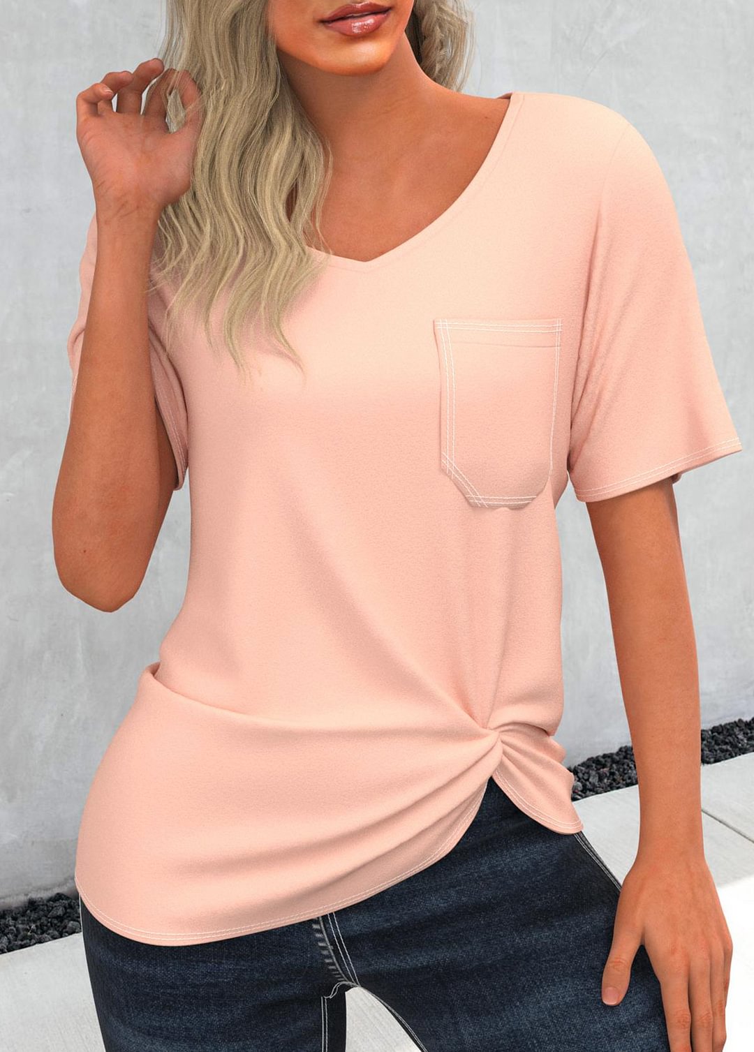 Twist Hem Light Pink Pocket T Shirt