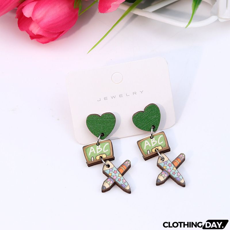Women's Creative Fashion Wood Printing Pencil Stripe Heart Earrings