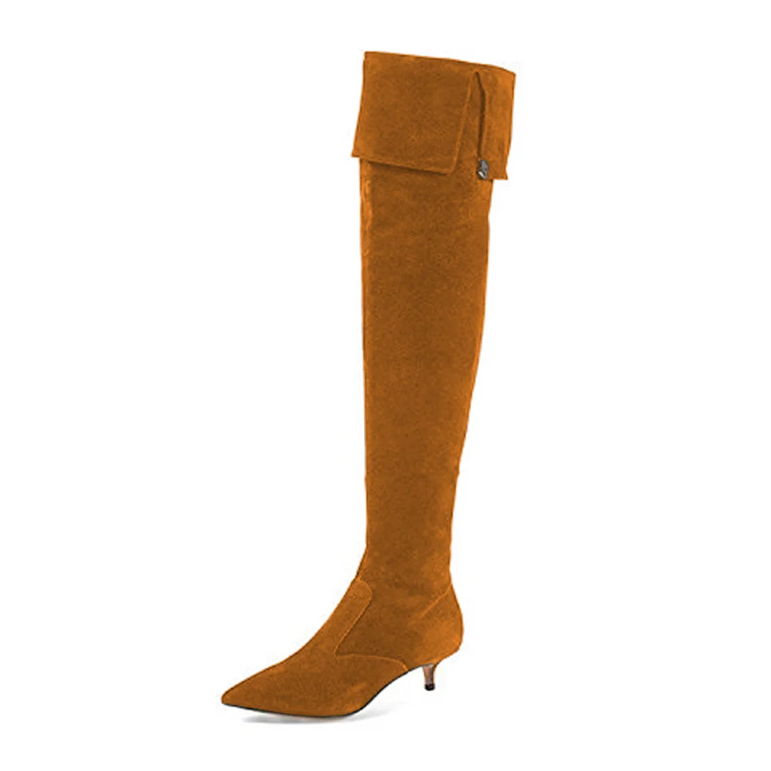 Women's Brown Faux Suede Pointed Toe Over-The-Knee Side-Zip Booties