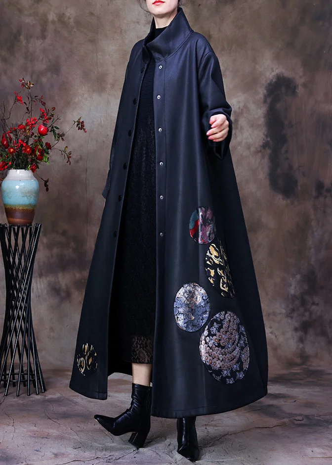 Organic Black Stand Collar Embroideried Floral Button Silk Trench Coats Long Sleeve