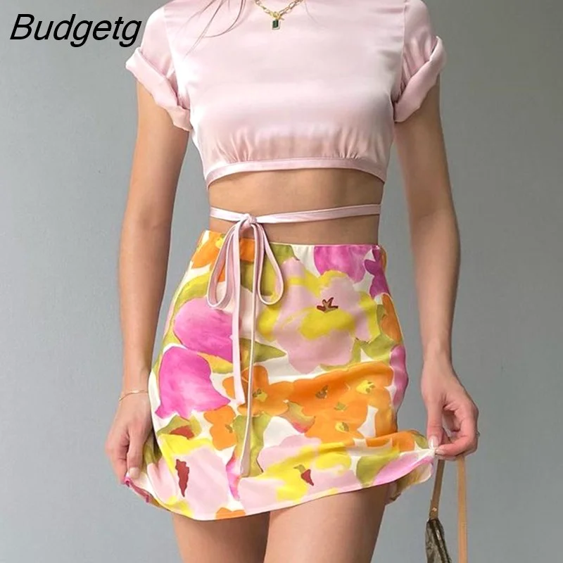 Budgetg Casual Bohemian Bodycon Bottoms Summer High Waist Painted Pattern Slim A-line Short Mini Skirts Women For Party Beach