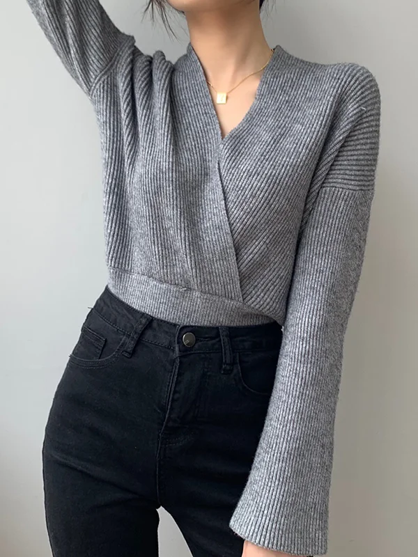 Solid Color Asymmetric Long Sleeves V-Neck Sweater Pullovers Knitwear