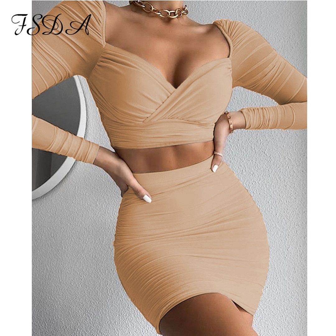 FSDA 2021 Two Piece Set Long Sleeve Crop Top And Bodycon Mini Skirt Ruched Women Set Autumn Sexy White Club Outfit Party
