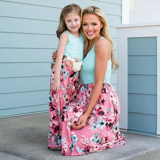 Family Daughter Patchwork Floral Long Dress