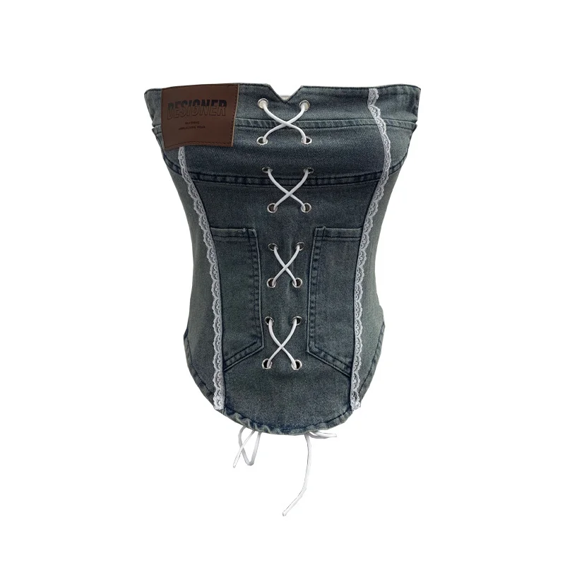 Nigikala Nigikala Sexy Water Wash Denim Pocket Spliced Lace Bra Design Without Strap Vest 2753