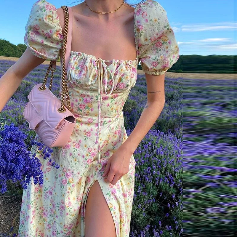 Floral Print Summer Dress Women Puff Short Sleeve Split Long Maxi Dresses Elegant Vintage Laides Countryside Garden Flower Dress 514-1