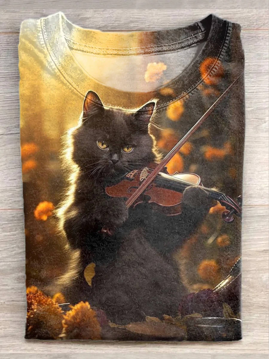 Unisex Retro Funny Cat Musician Art Illustration Printed Casual Short Sleeve T-Shirt Eagerlys