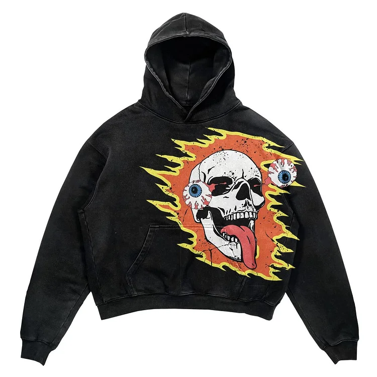 Skull Print Retro Hoodie High Street Gothic Sweatshirt Y2k Sweater at Hiphopee