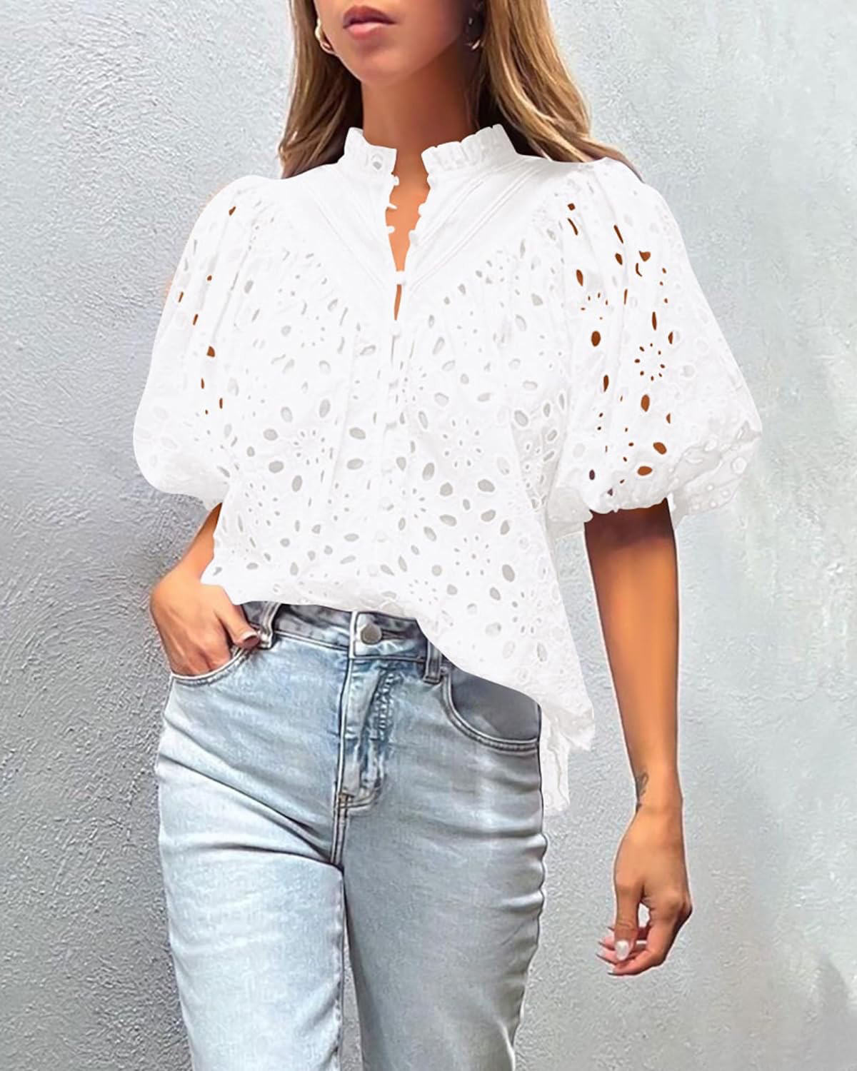 Embroidery Short Puffed Sleeve Button Down Shirt