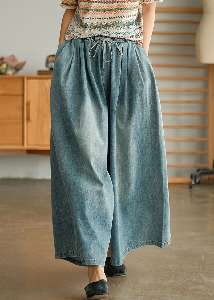 VCSHOES Loose Blue Cinched Pockets denim wide leg pants Spring