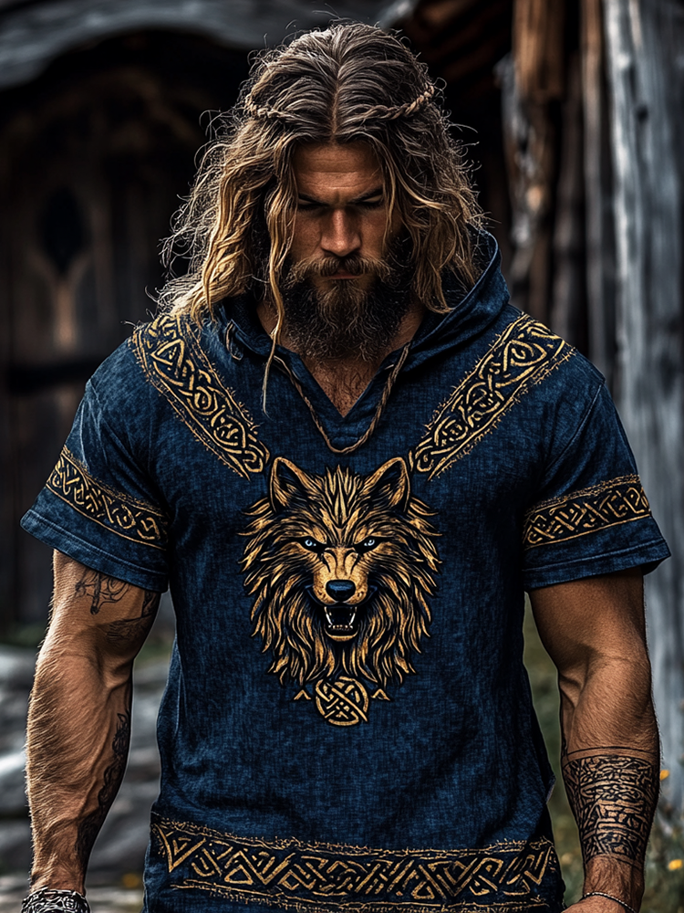 Men's Viking Tribal Knot Art Tree Of Life Wolf Pattern Linen Short Sleeve Hoodie / Rvogue / Rvogue