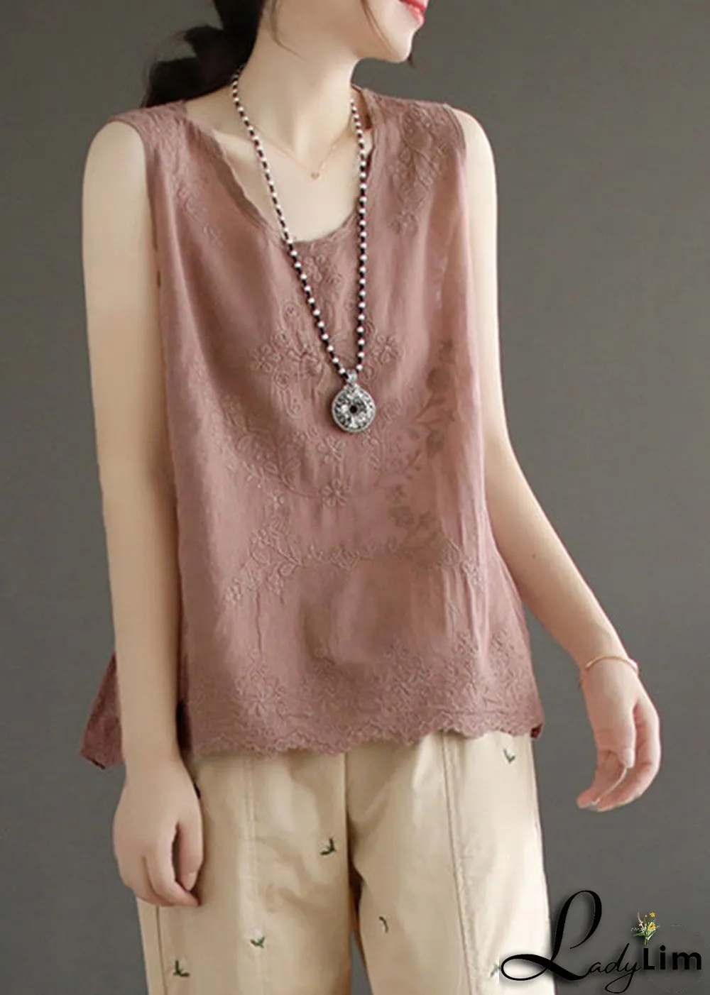 Skin Pink Embroideried Solid Cotton Vest Sleeveless