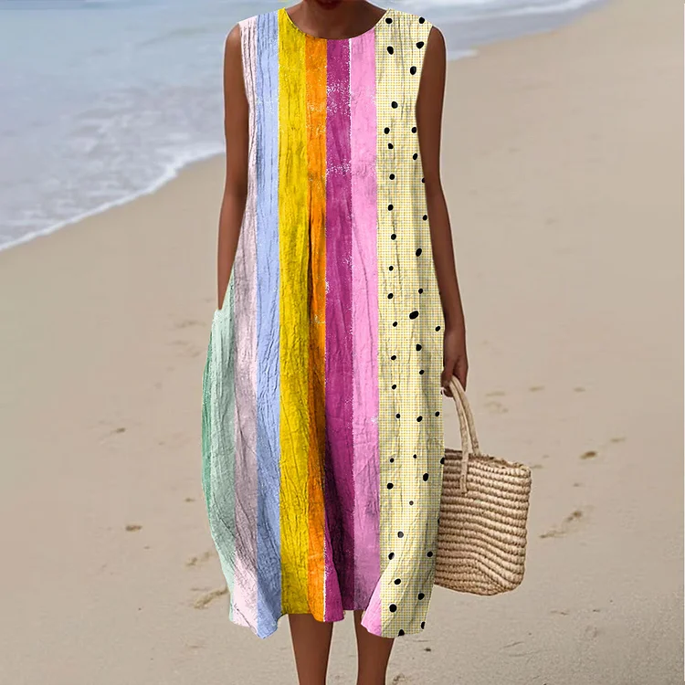 Women's Fashion Color Block Art Print Sleeveless Cotton Pocket Wrap Dress