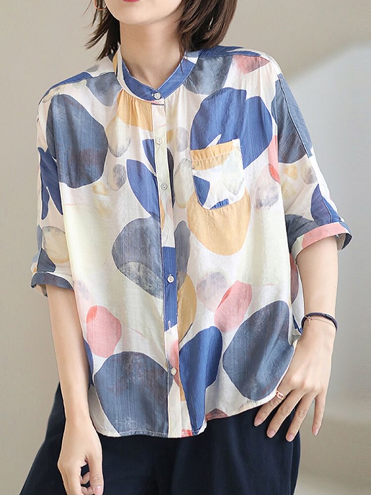 Multi color Block Half Sleeve Button Pocket Stand Collar Blouse P1857560