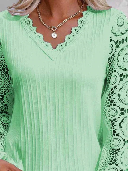 Women Long Sleeve V-neck Solid Lace Tops