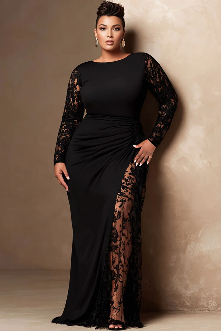 Xpluswear Design Plus Size Formal Black Round Neck Long Sleeve Contrast See Through Lace Maxi Dresses [Pre-Order]