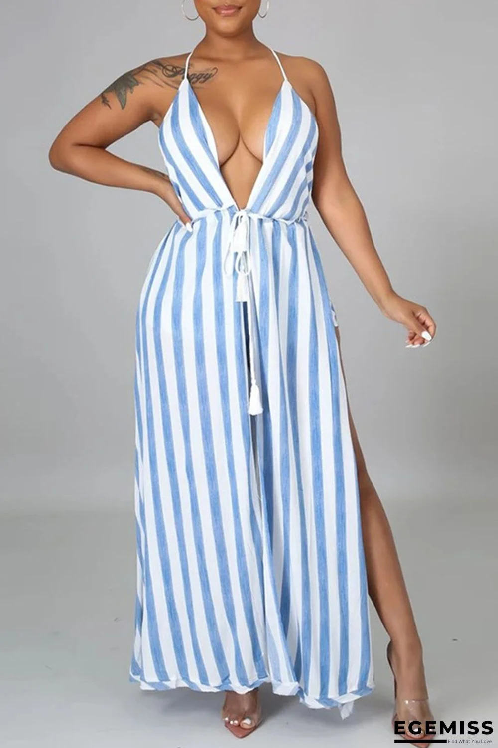 Blue Sexy Print Hollowed Out Patchwork Backless Slit Asymmetrical Sleeveless Two Pieces | EGEMISS