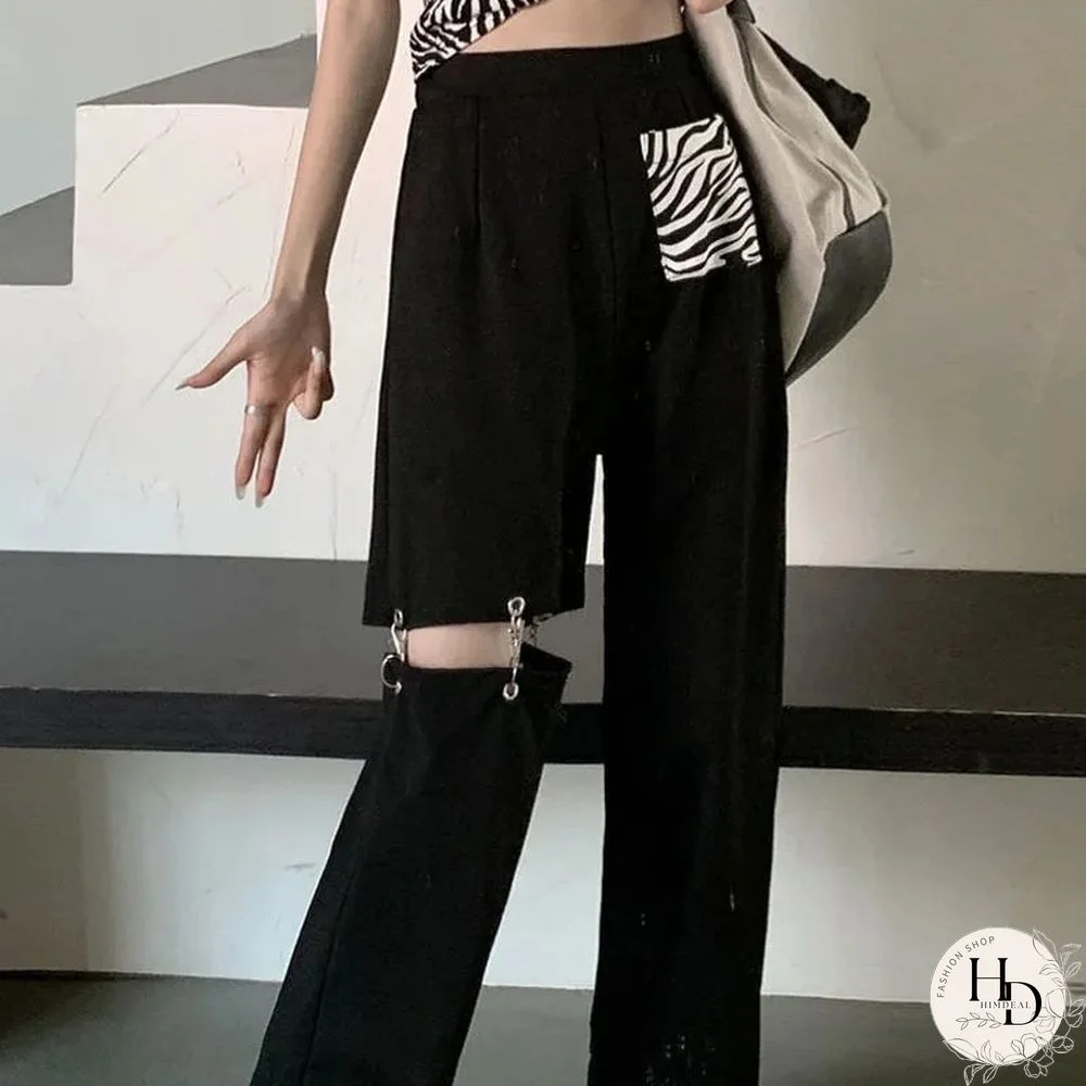 Fashion Harajuku Hollow Out Wide Leg Pants Women High Waist Elastic Streetwear Straight Trousers Summer Hip Hop BF Goth Pants