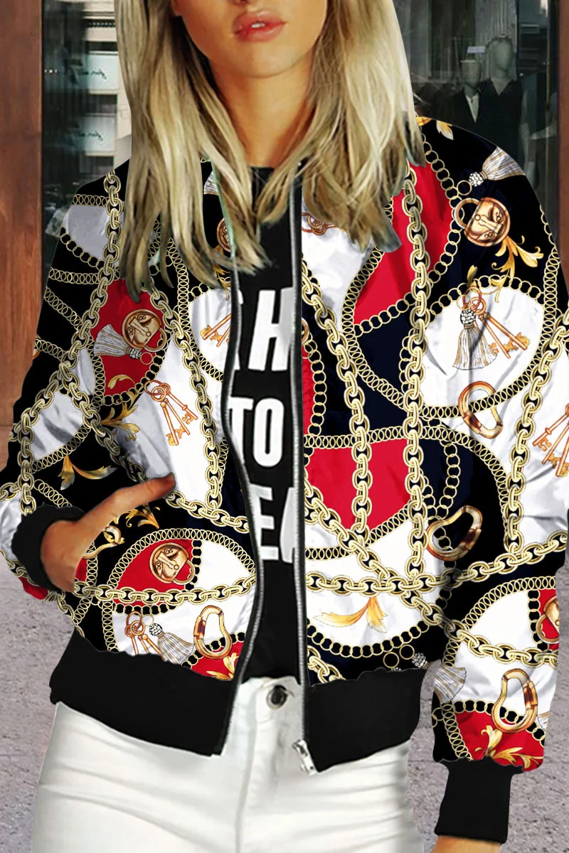 Red Black Casual Print Patchwork Zipper Outerwear | EGEMISS