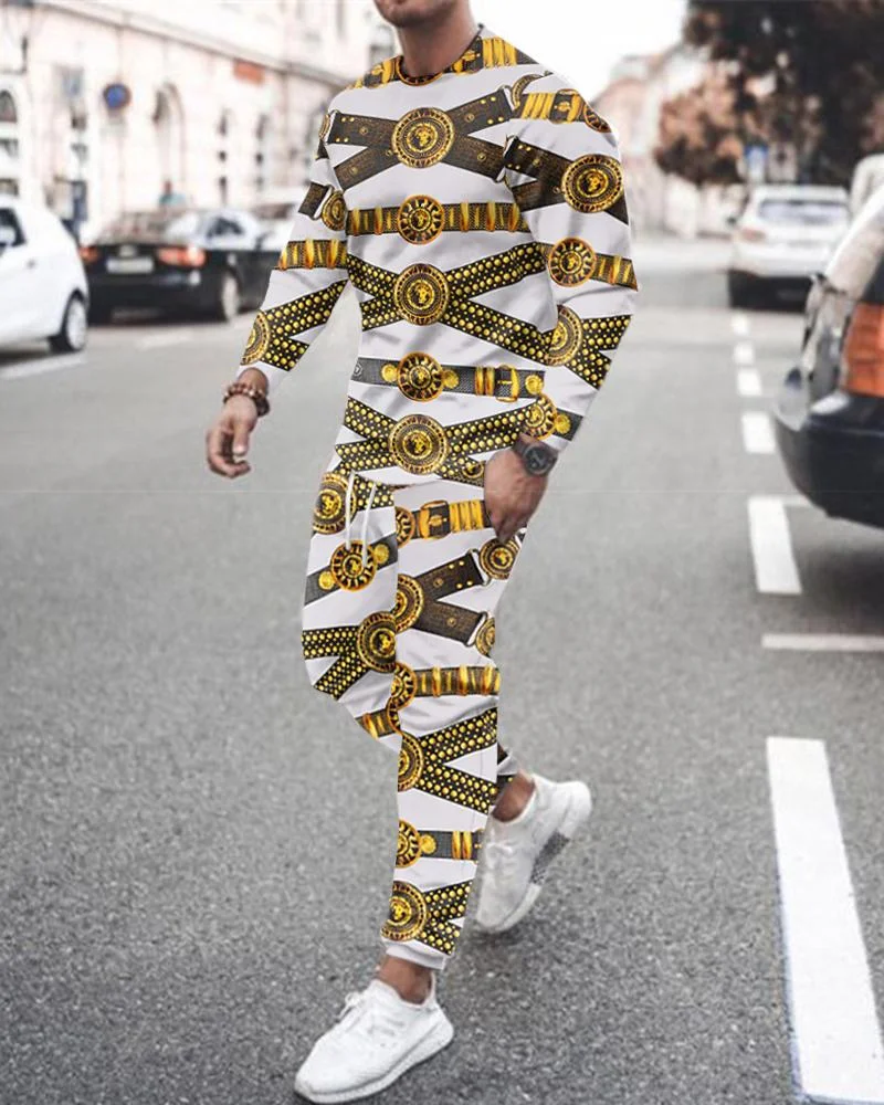 Men's Casual Gold Belt Printing Long-sleeved Suit