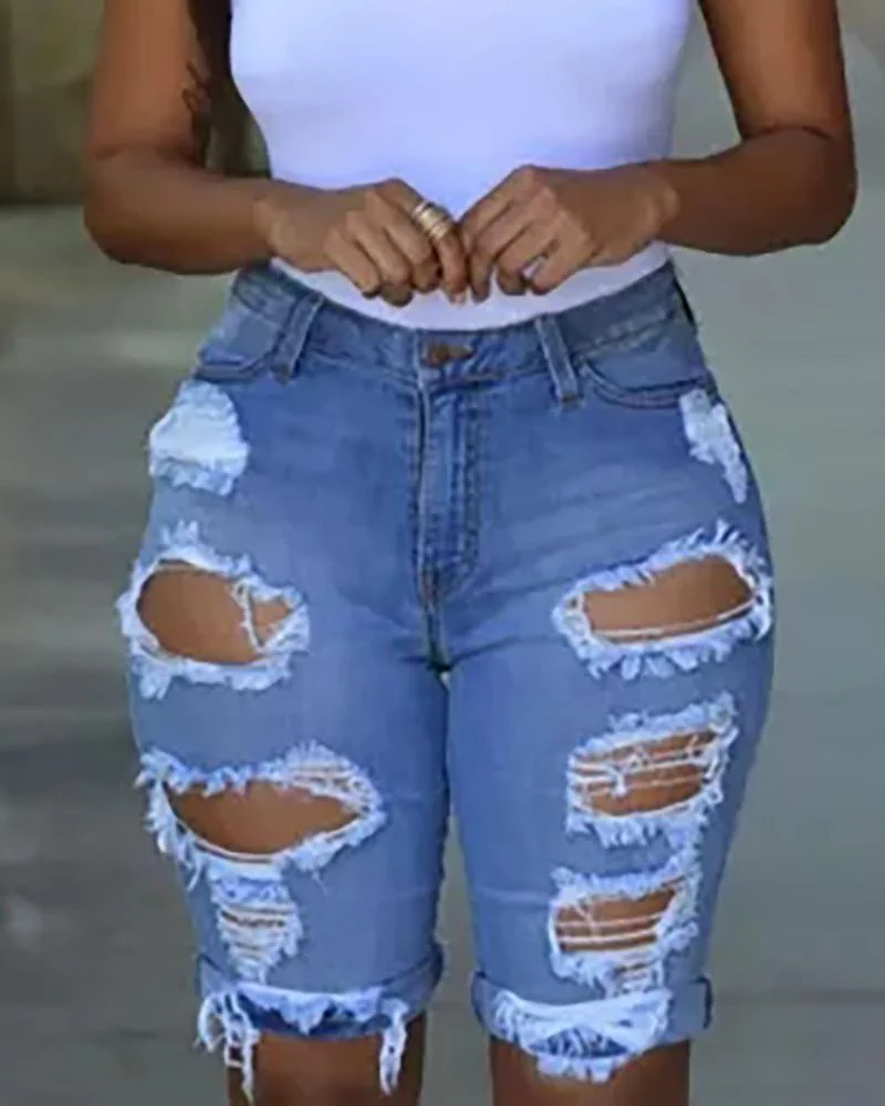 Ripped Cutout Casual Denim Shorts
