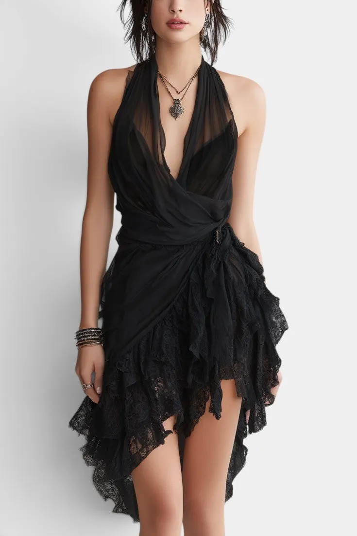 Draped Halter Dress with Tiered Lace Skirt