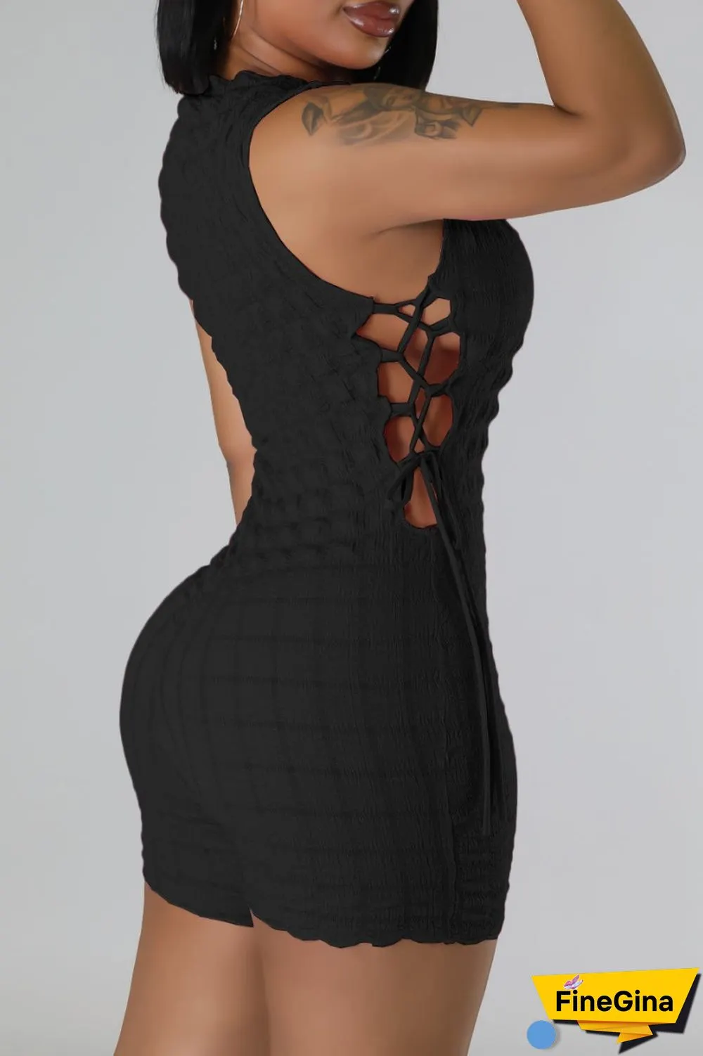 Green Casual Solid Bandage O Neck Skinny Romper
