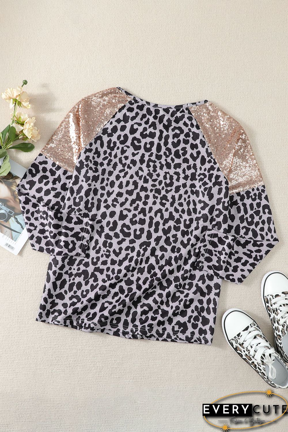 Sequin Shoulder Splicing Leopard Long Sleeve Top