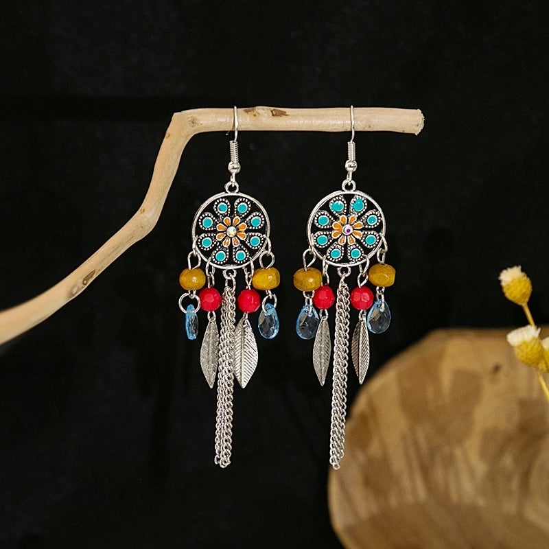 Bohemian Blue Turquoise National Style Earrings Imitation Miao Silver Metal Earrings Vintage Tassel Earrings