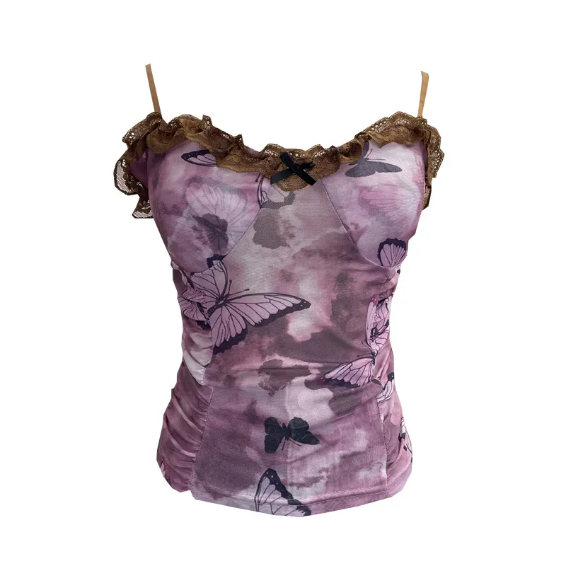 Brownm Real-Shooting Lace Bow Repair Body Tie-Dye-Print Mesh Hottie Pure Desire Sling Vest With Chest Cushion Top 8851