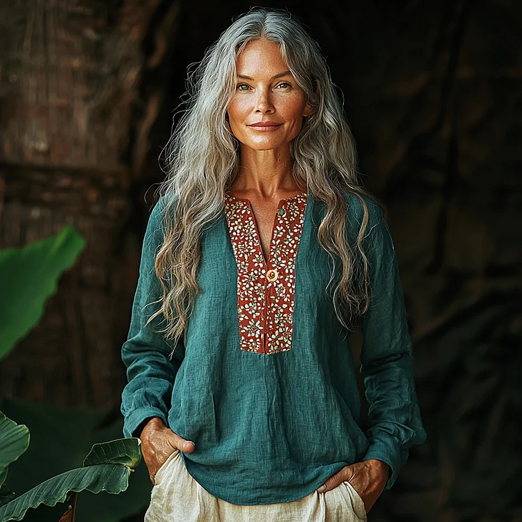 Women's Linen Bohemian Floral Shirt
