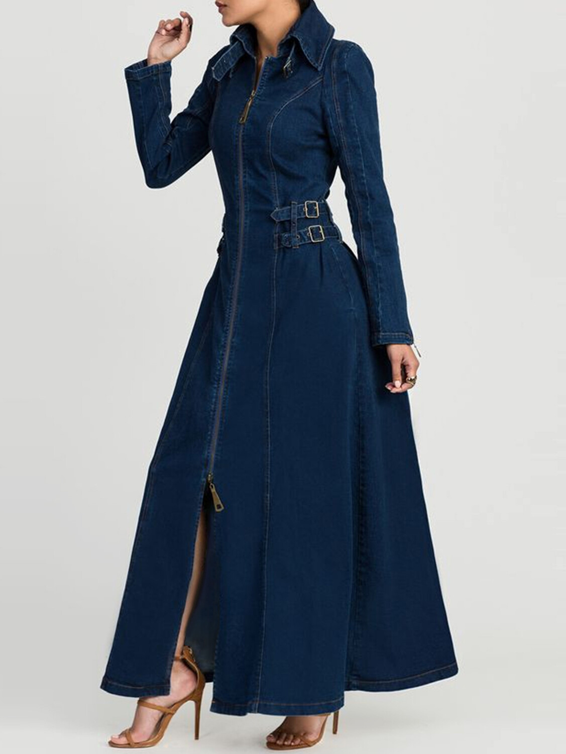 Casual Denim Turndown Collar Zipper Buckle Maxi Dress