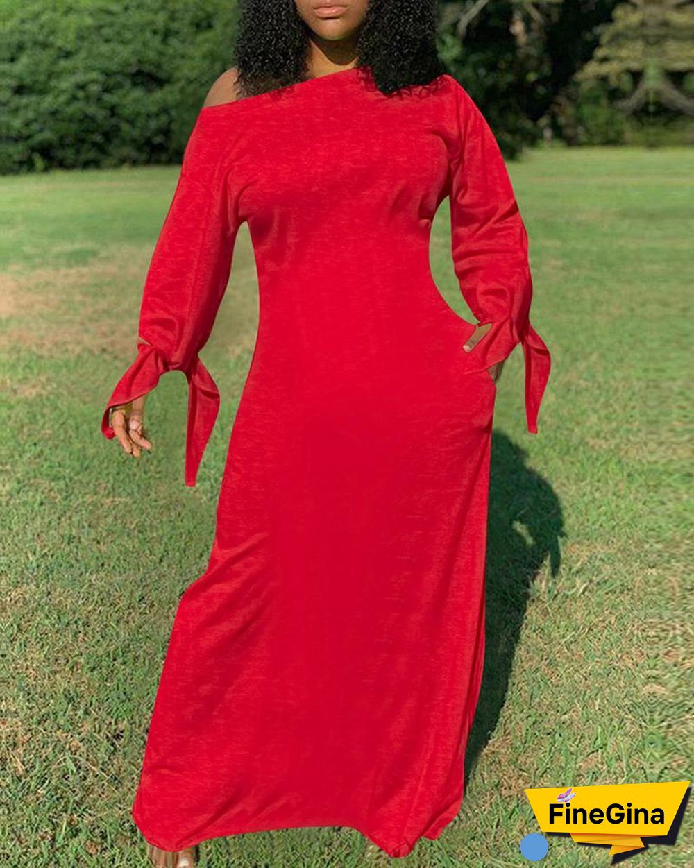 Plain Tie Detail Pocket Design Maxi Dress P14036