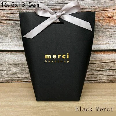 5pcs Black White Merci Candy Bag French Thank You Kraft Paper Gift Packaging Box Wedding Favors Birthday Party Supplies