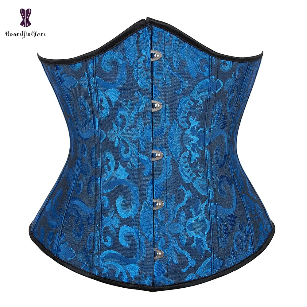 Jacquard Floral Underbust Corset Pink Blue Black White Coffee Lace Up Boned Waist Cincher Shaper Outfit