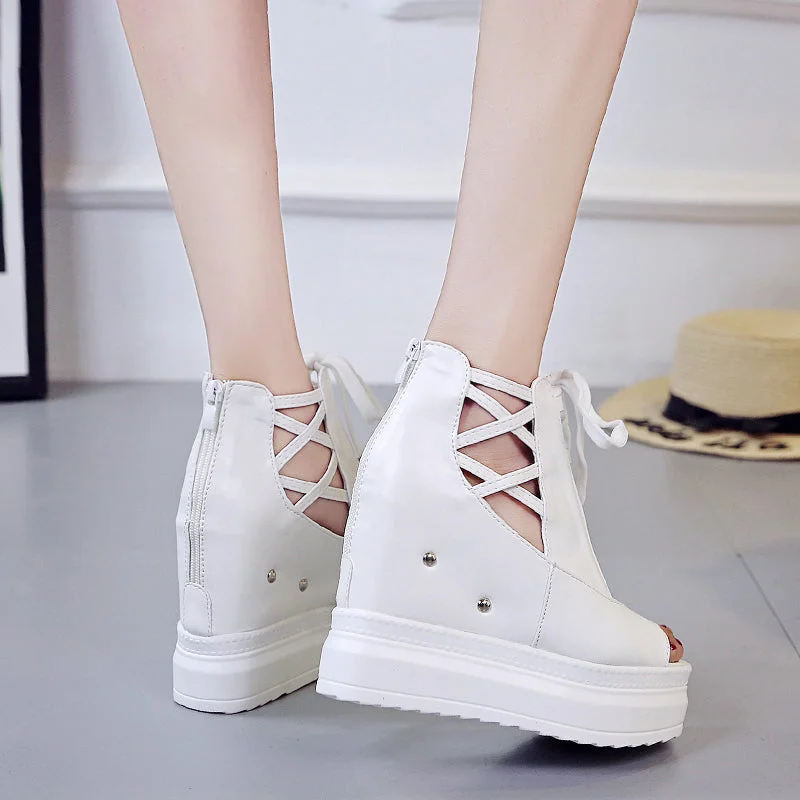 Summer Height Increasing Ankle Boots For Women Hollow Out Pep Toe Shoes Woman Fashion Cross Strap Chunky Platform Booties