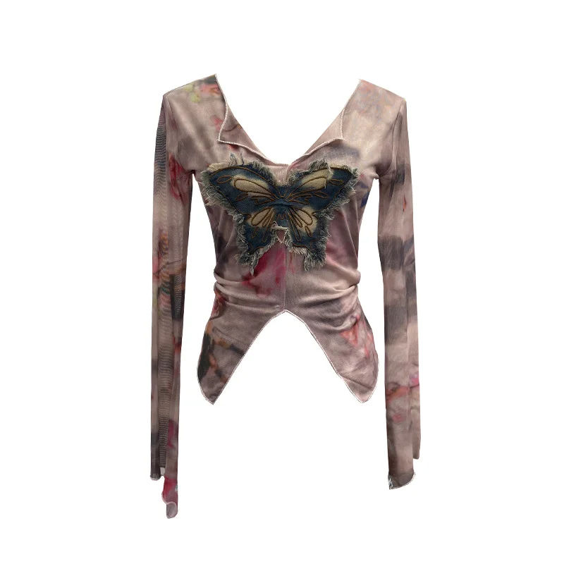 Uveng Real Shooting Amount Of Bumpy Tulle Spliced Denim Butterfly Design Sunscreen Coat V Collar Short T-Shirt 1965