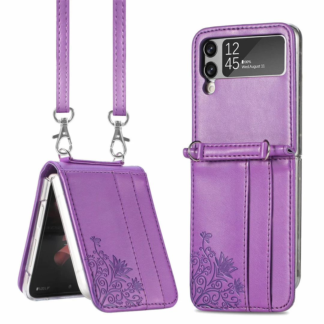 Crossbody Embossed Leather Phone Case With 2 Cards Slot,Lanyard And Hinge For Galaxy Z Flip3/Flip4