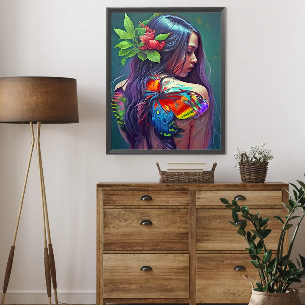Full Round Diamond Painting 40*50cm - Girl With Butterfly Painting On Back