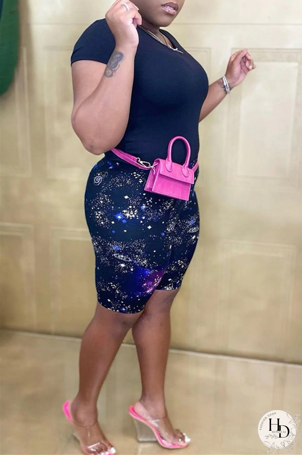 Black Purple Fashion Casual Print Basic Asymmetrical Regular High Waist Shorts