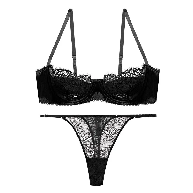 Billionm Lace 1/2 Cup Bra Set for Women Ultra-thin Lingerie French Black Temptation Brassiere and Thongs Sets Underwire Underwear