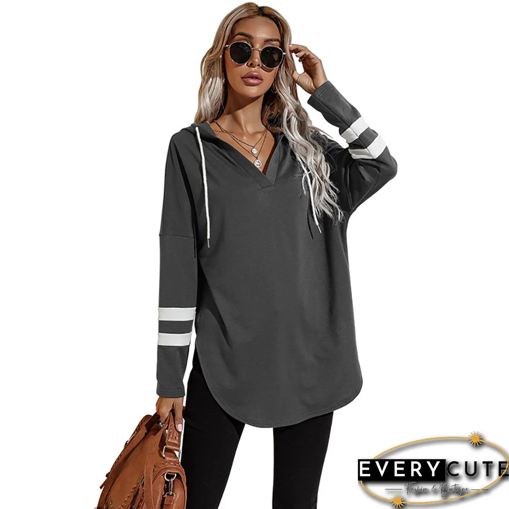 Gray Spliced Stripes Long Sleeve Oversized Hoodie