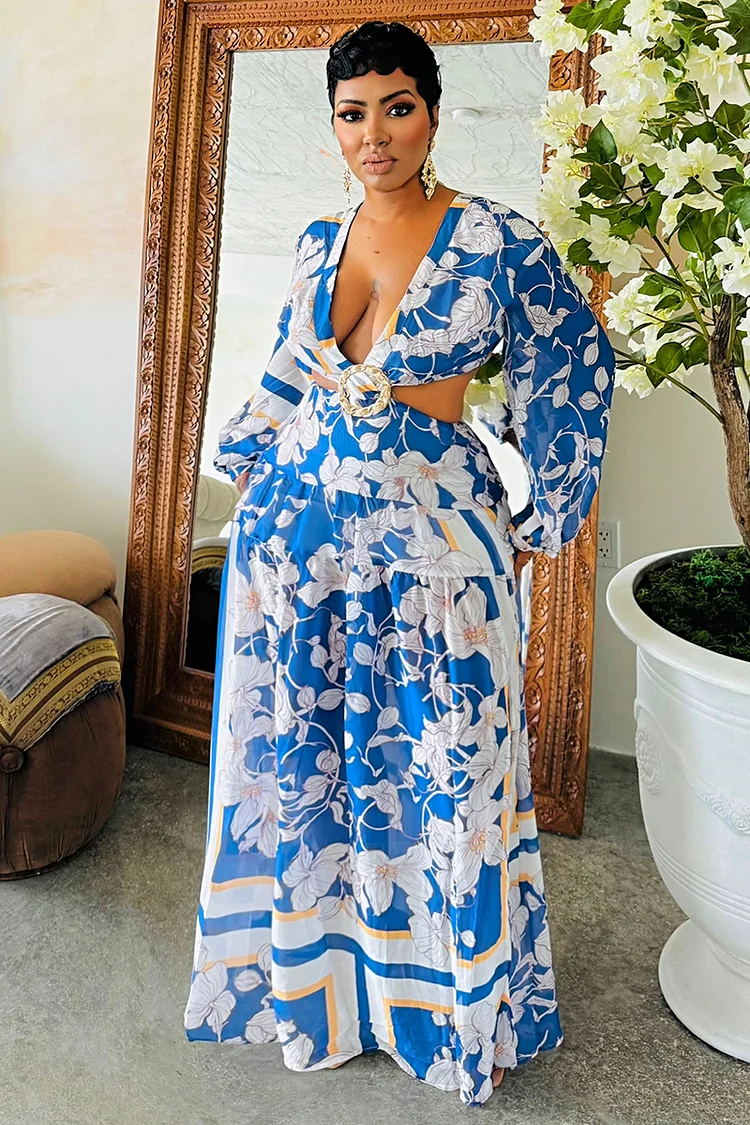 Deep V Neck Cutout Bell Sleeve Floral Vacation Maxi Dresses-Blue [Pre Order]