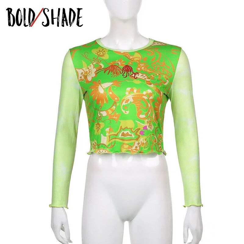 Bold Shade 90s Aesthetic Fashion T-shirts Long Sleeve Graphic Printed O Neck Patchwork Green Top Grunge Style Indie Clothes 2021