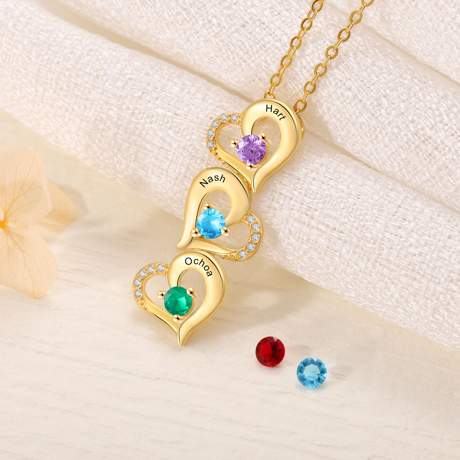 3 Names - Personalised Heart Pendant Necklace Custom Birthstones & Names Necklace Birthday Gift for Her-Jessemade AU