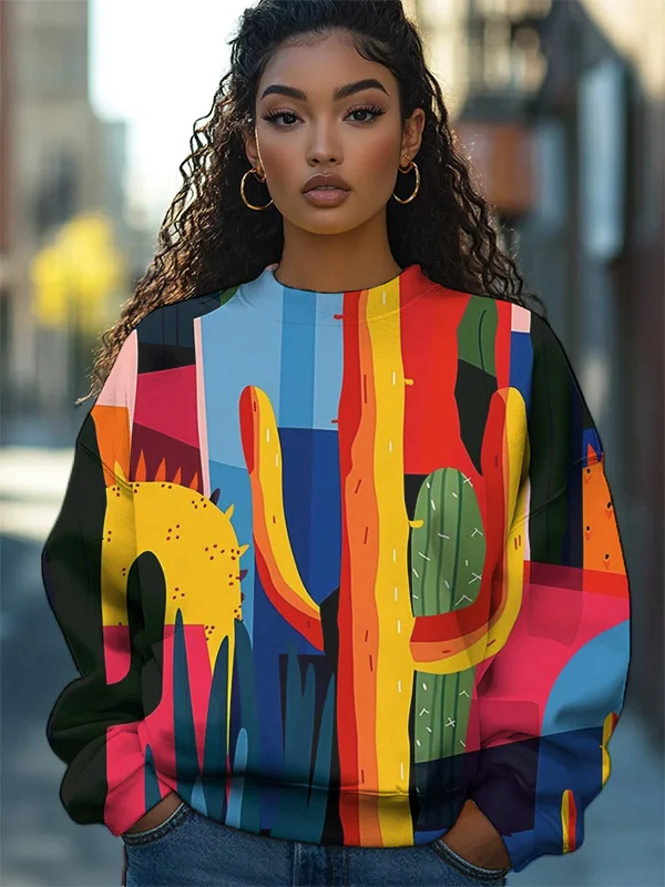Women's Colorful Cactus Art Print Casual Sweatshirt