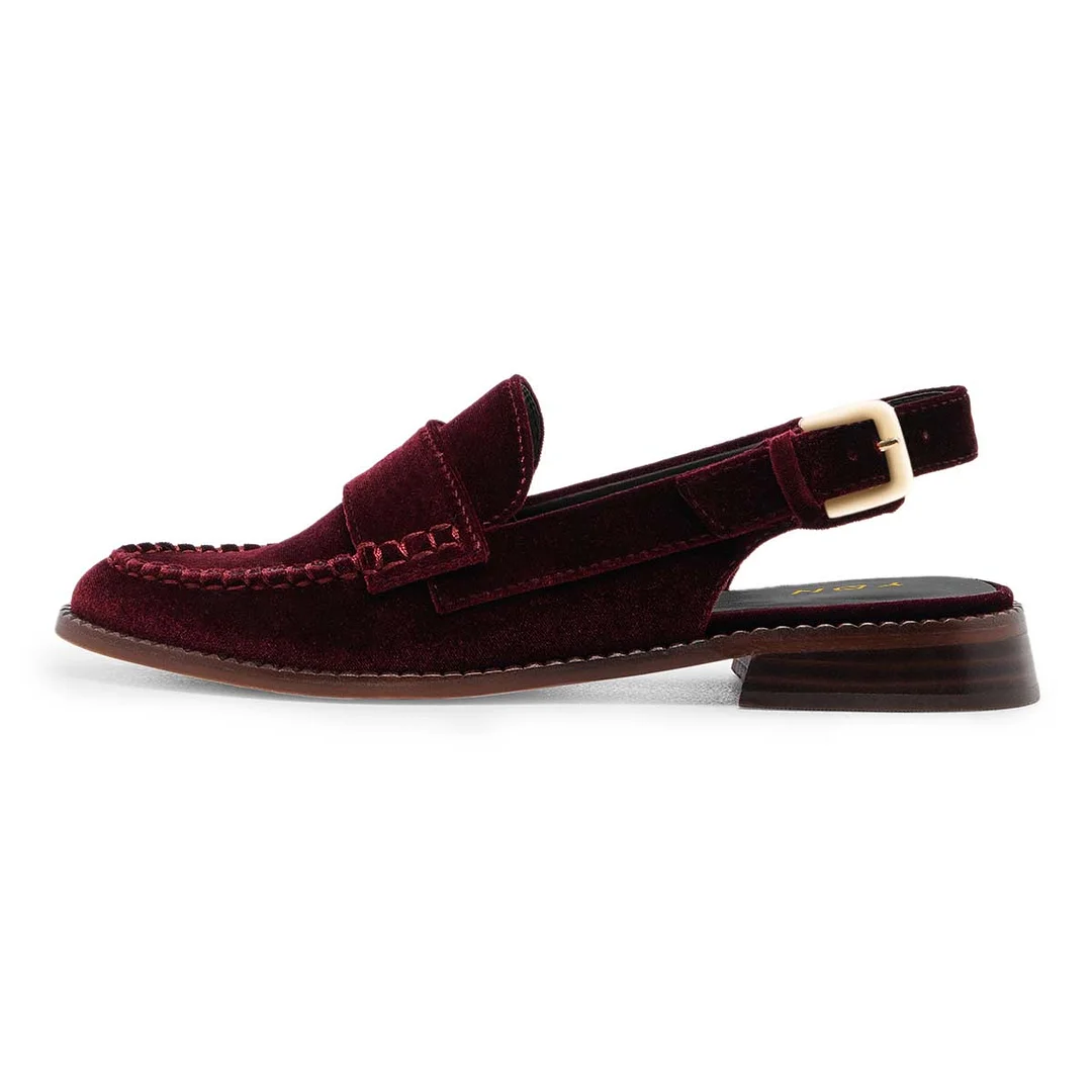 Maroon Round Toe Velvet Flat Slingback Loafer Shoes for Women