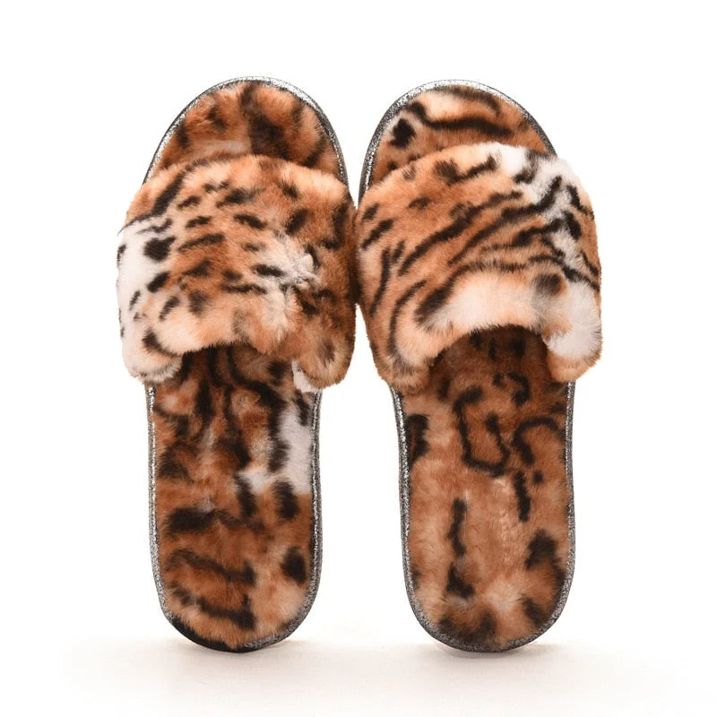 Women's Leopard Print Fur Slippers Indoor Open-toe Non-slip Soft Flip-Flops Home Winter 2021 New Slippers Women  Fashion Shoes