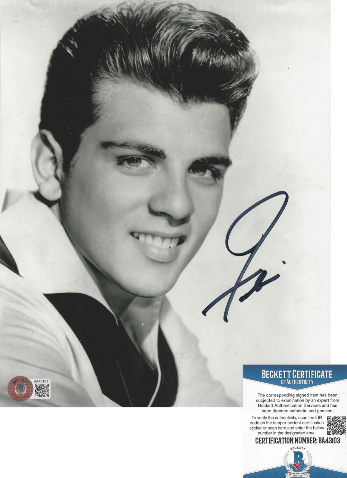 SINGER FABIAN FORTE SIGNED 8x10 Photo Poster painting C 1950'S TEEN MUSIC IDOL BECKETT COA BAS