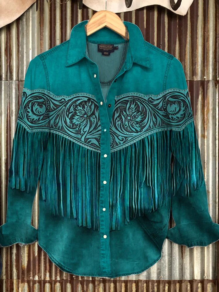 VChics Men's Vintage Western Floral Tassels Cowgirl Blouse